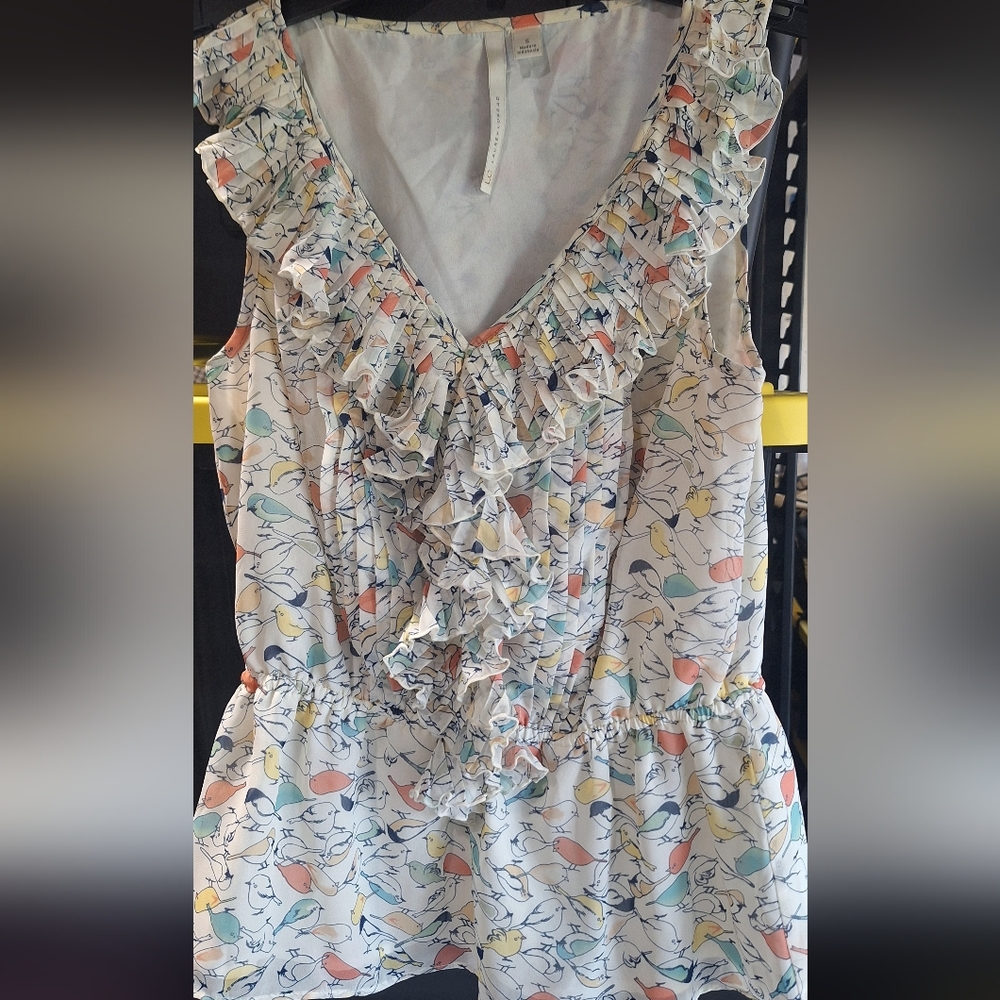 LC Lauren Conrad Cream Small Bird Floral Top Blouse